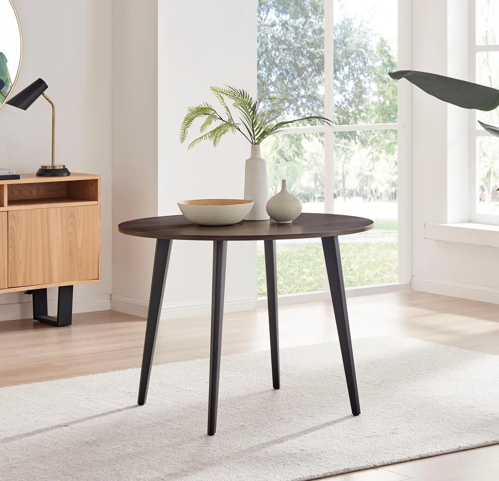 FurnitureboxUK Koko 4-Seater Round Melamine Scratch Resistant Dining Table With Black Legs in Walnut 1