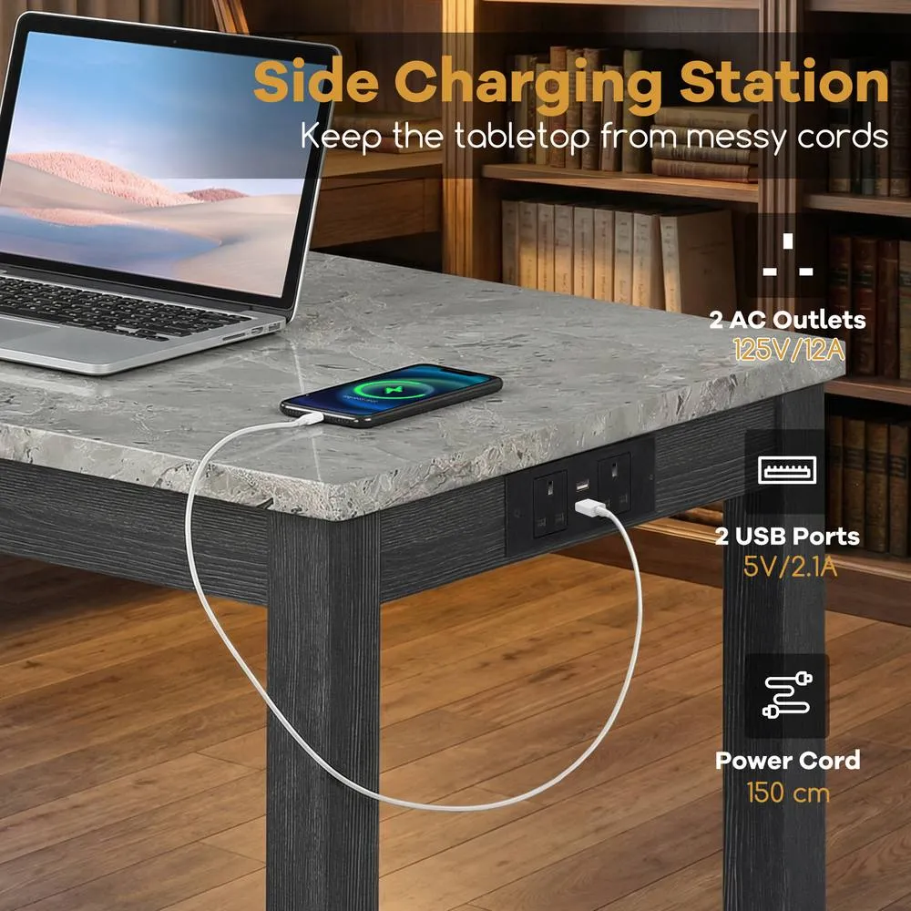 Costway Set of 3 Faux Marble Bar Table Set w/Charging Station&2 Padded Stools in Grey 6