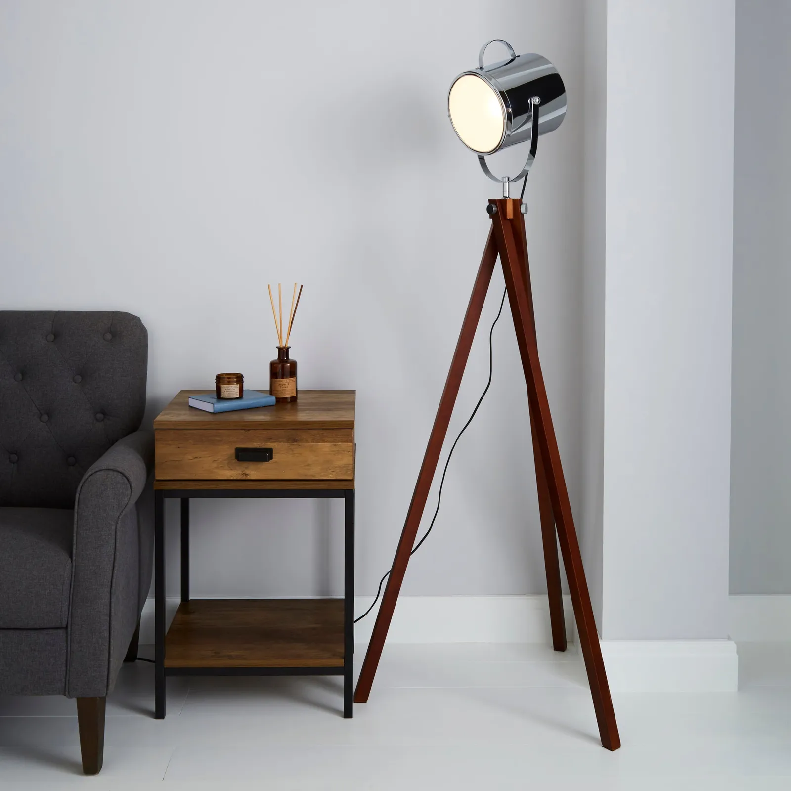 Carlton Camera Tripod Wood Floor Lamp Silver