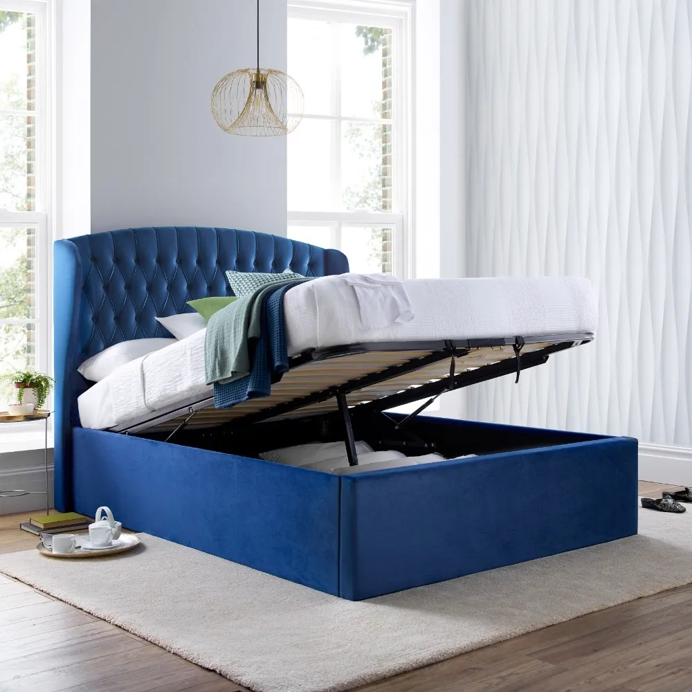 Warwick Blue Velvet Fabric Ottoman Bed Frame - 5ft King Size
