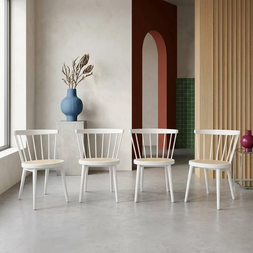 sweeek Set Of 4 Wooden & Caned Chairs in White