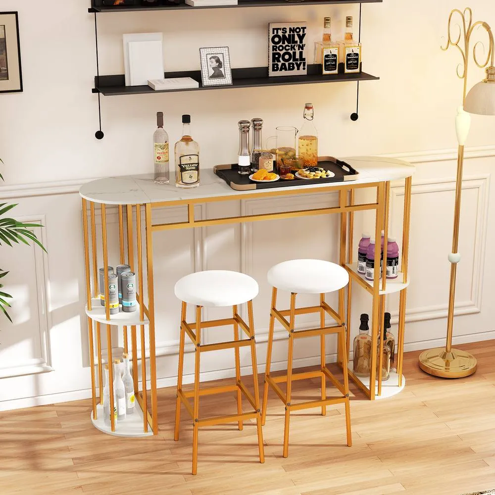 Costway 150cm Bar Height Table Pub Table w/ Faux Marble Tabletop &Shelves in White 3