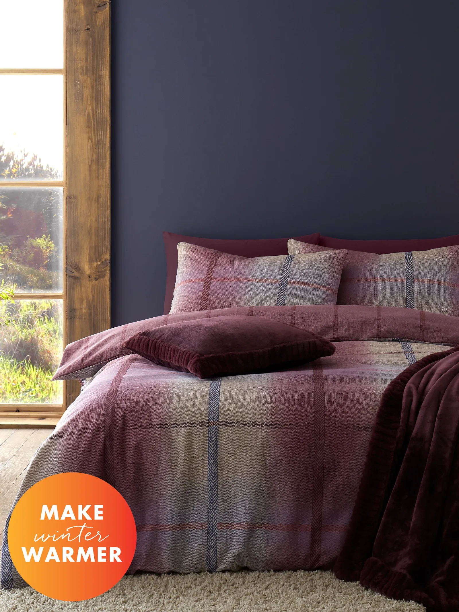 Catherine Lansfield 'Brushed Cotton Melrose Tweed Check' Duvet Cover Set in Plum