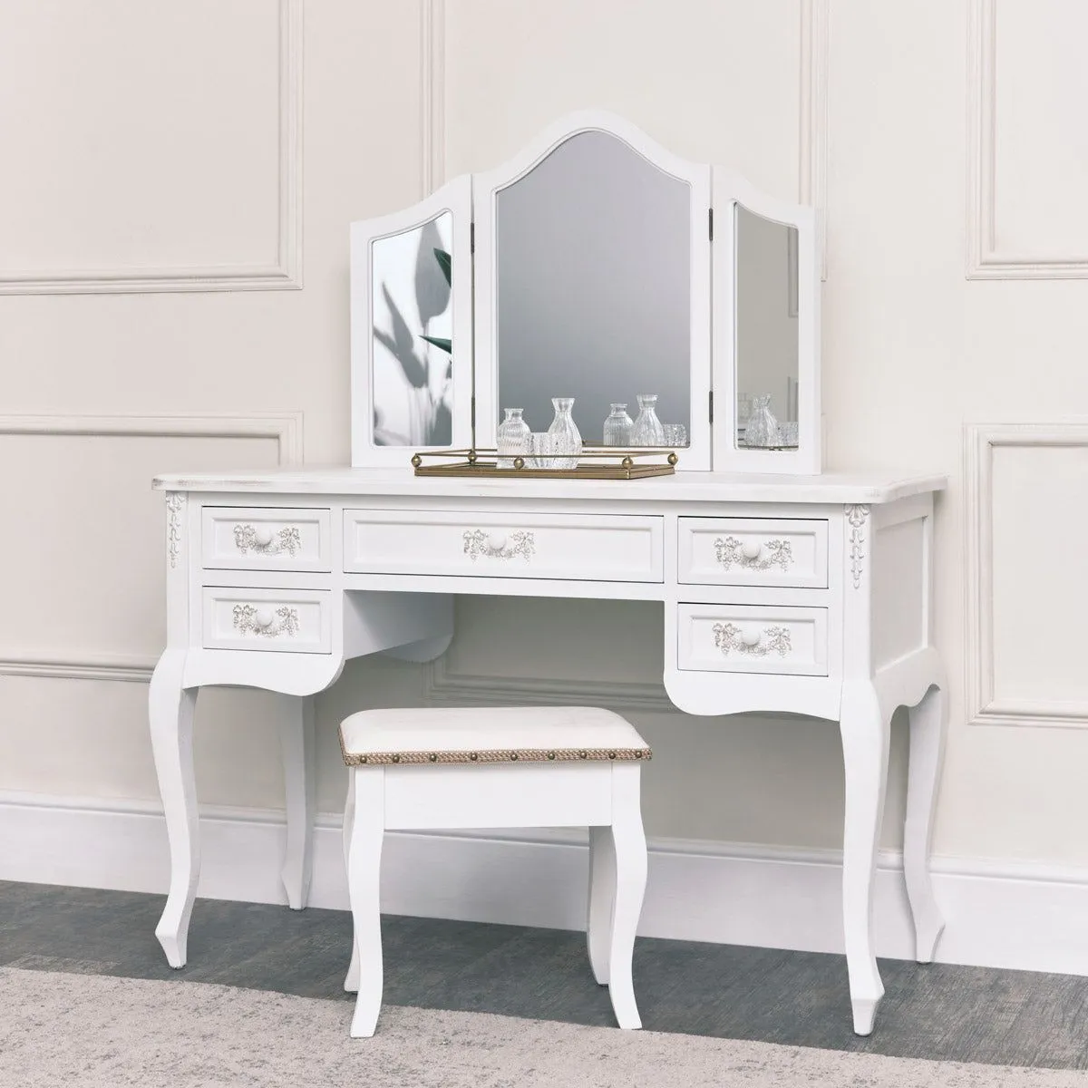 Melody Maison Antique White Dressing Table Desk With Triple Mirror & Stool - Pays Blanc Range 2