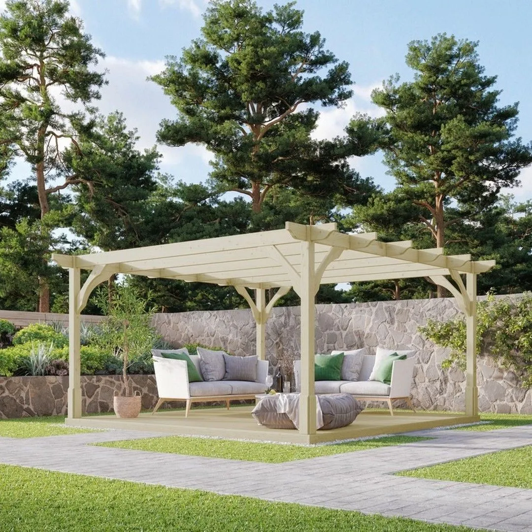 Rutland County Garden Furniture Ltd Premium Pergola & Decking Kit, L300 x W300 x H270 cm, Rustic Brown in Light Green 3