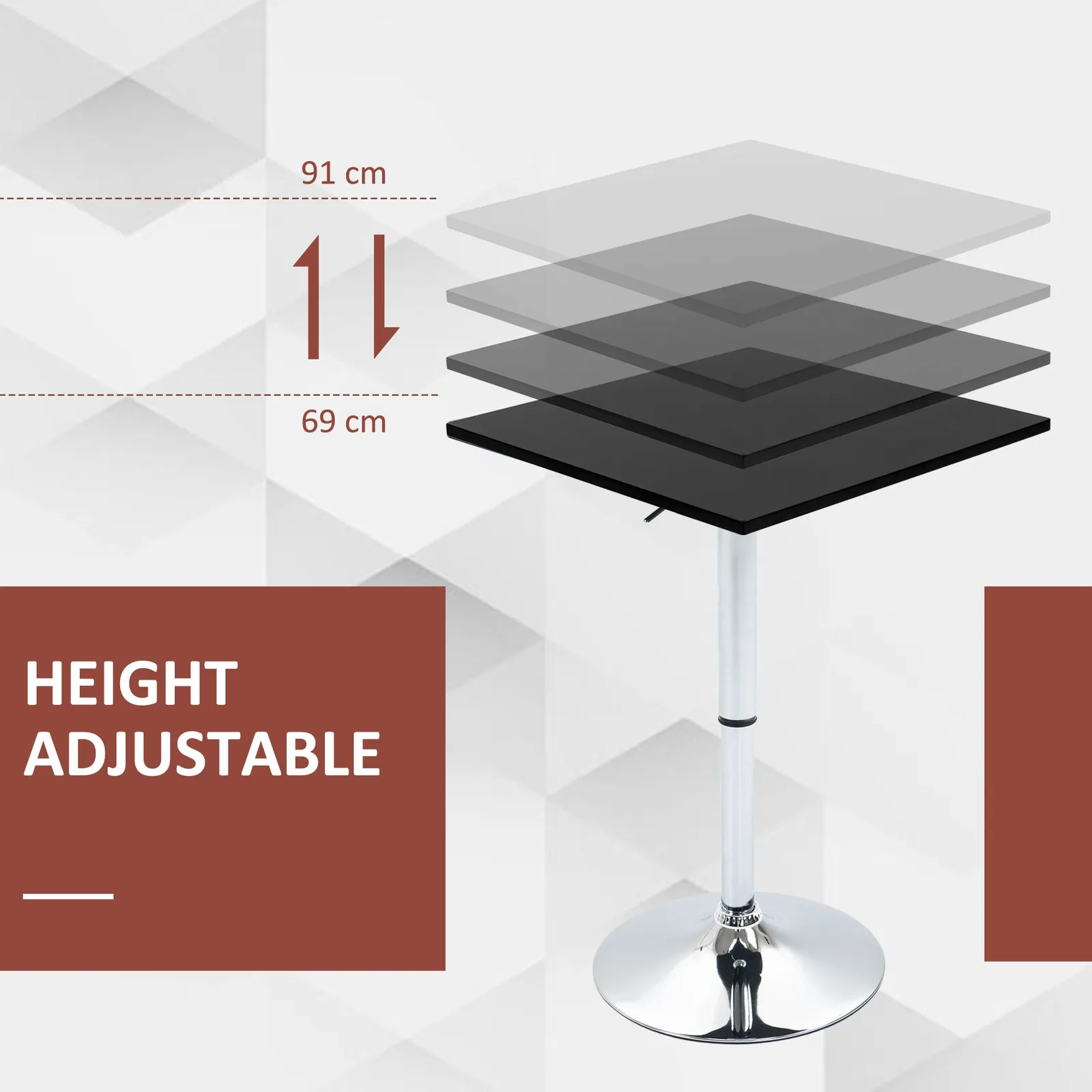 HOMCOM Adjustable Height Bar Table with Metal Frame & Square Tabletop in Black 4