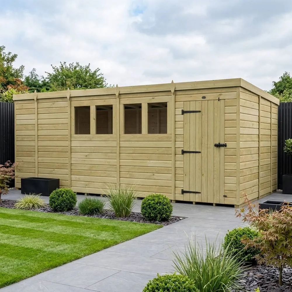 Buttercup Farm 17ft x 9ft Pent Garden Shed Single Door With Windows - Timber in Brown 2