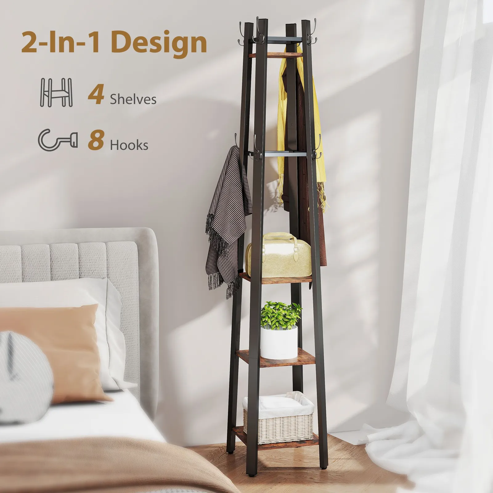 HOMCOM Industrial Coat Stand with 4 Storage Shelves & 8 Hooks in Brown 4