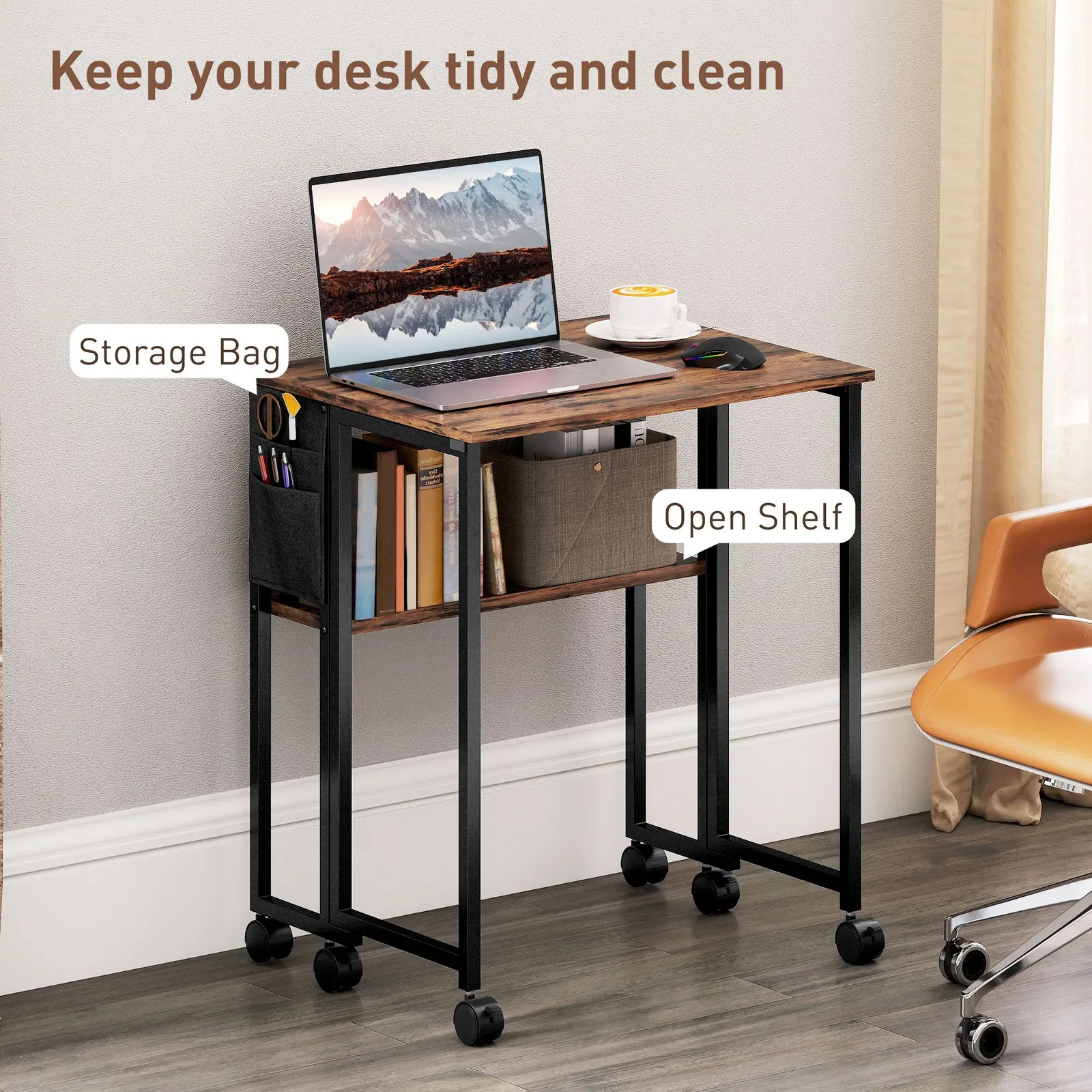 HOMCOM 63 cm Foldable Computer Desk on Wheels for Small Spaces Rustic Brown 5