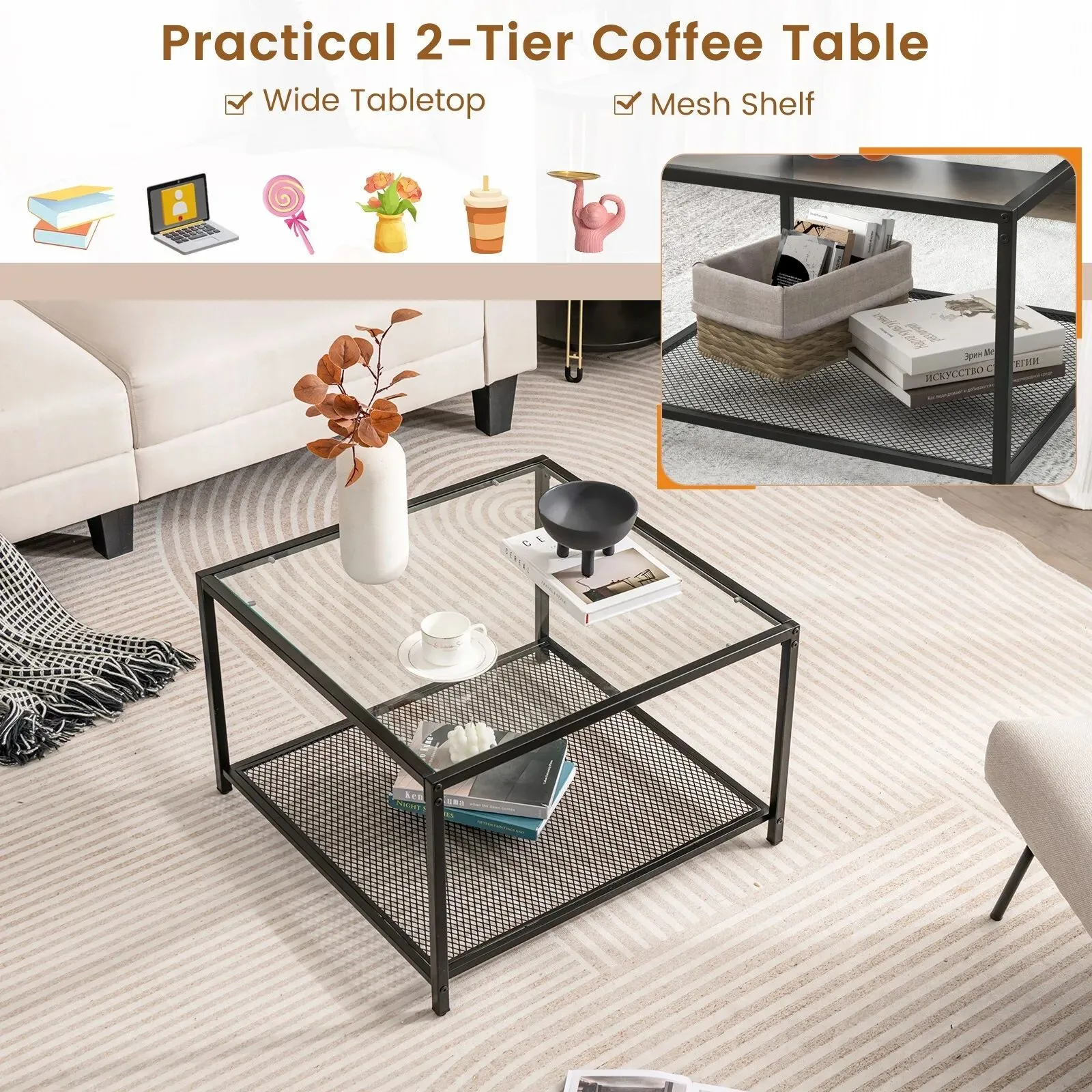 Costway Modern Glass Top Coffee Table Home Square Center Table Accent Sofa Side Table in Clear 5