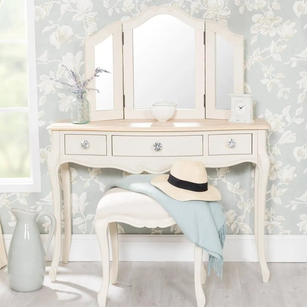Statement Furniture Juliette Dressing Table Set with Crystal Handles (with Stool & Mirror) in Ivory