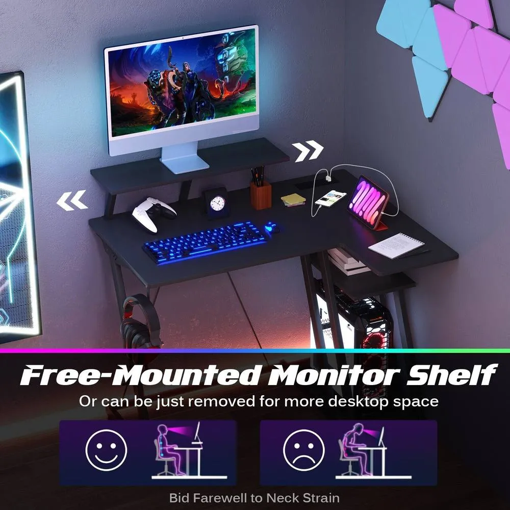 Costway L-Shaped Gaming Desk Small Computer Desk w/ Monitor Shelf & Outlets in Black 5