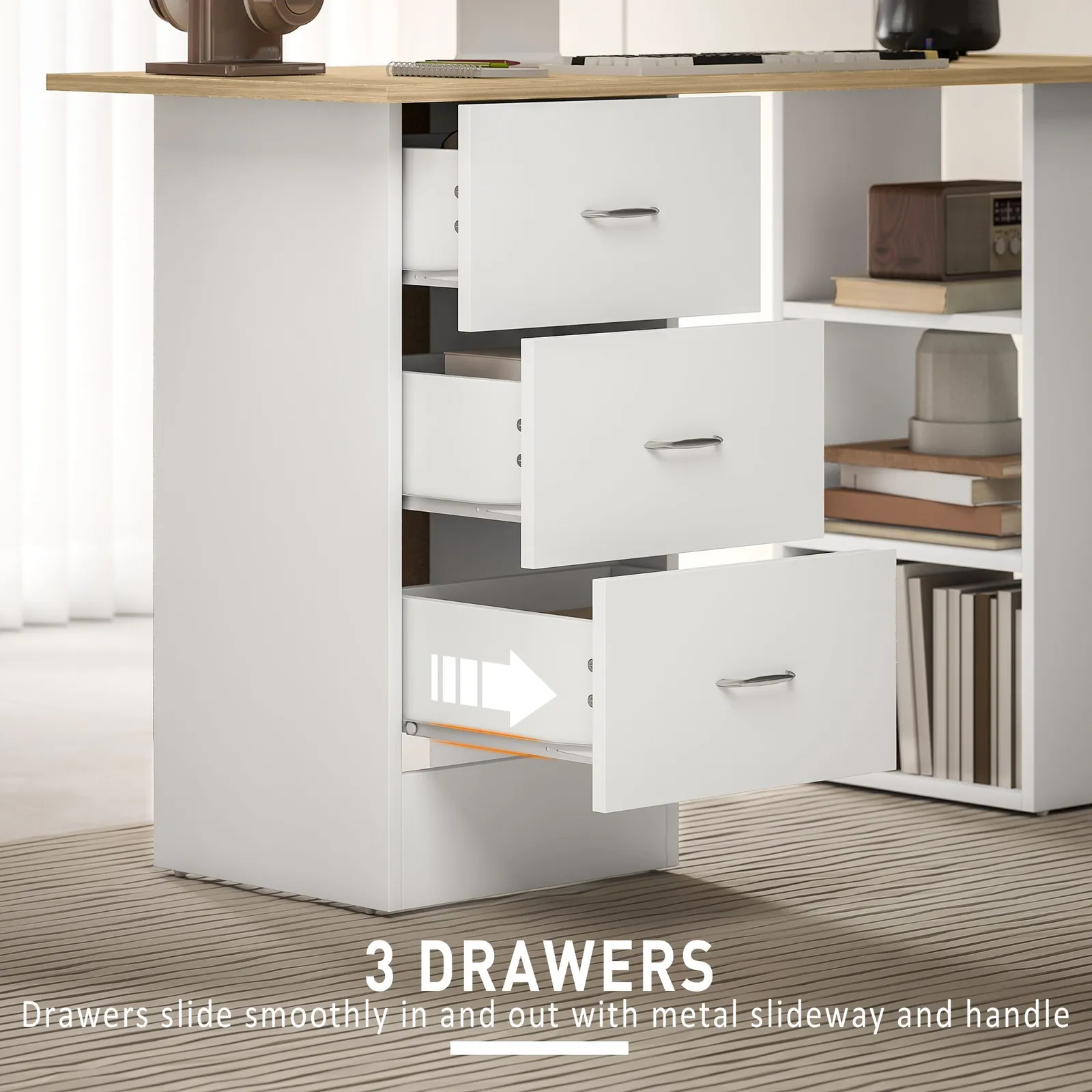 HOMCOM 120cm Computer Desk, Study Table with 3 Shelf & Drawers in Natural 5