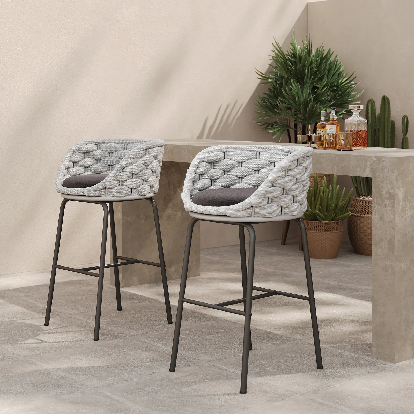 2 Pieces Outdoor Chair Patio Woven Rope & Aluminium 965 mm Bar Stools Set with Backs