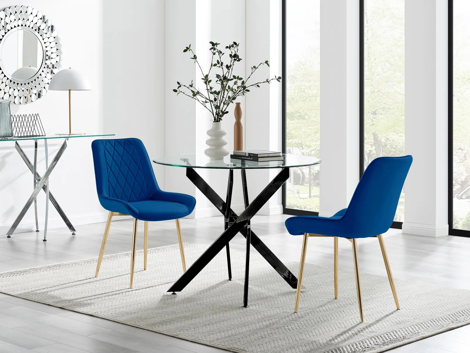 FurnitureboxUK Novara 100cm Round Black Leg Dining Table & 2 Pesaro Gold Leg Chairs in Navy 1