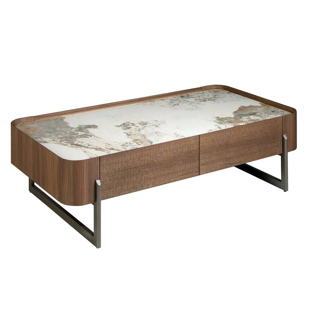 Angel Cerda Rectangular Coffee Table Porcelain Marble Top Walnut in Brown