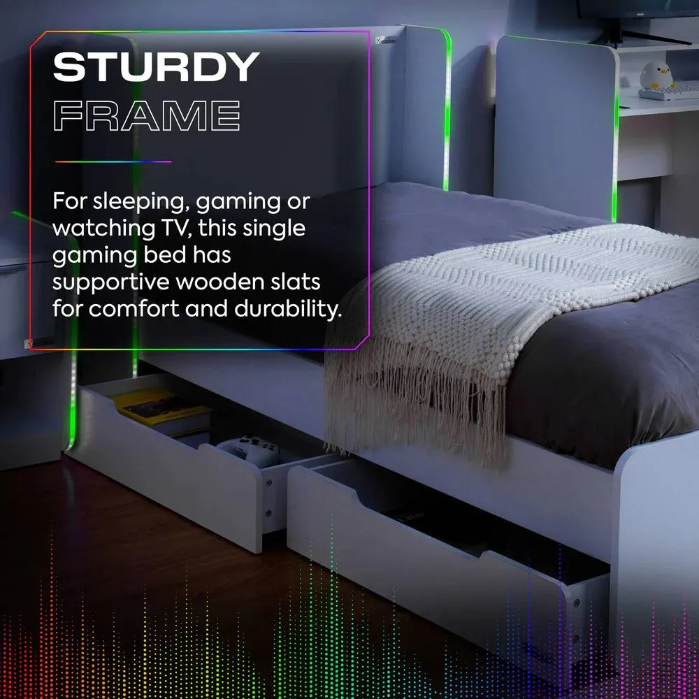 X Rocker Electra Single Bed with Trundle Drawers, Storage & LED Lights in White 4