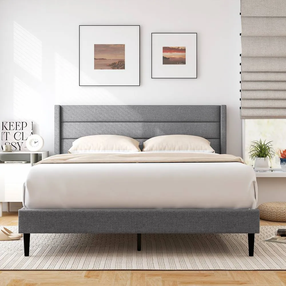 Costway Double Bed Frame Linen Upholstered Platform Bed w/Headboard in Grey 3