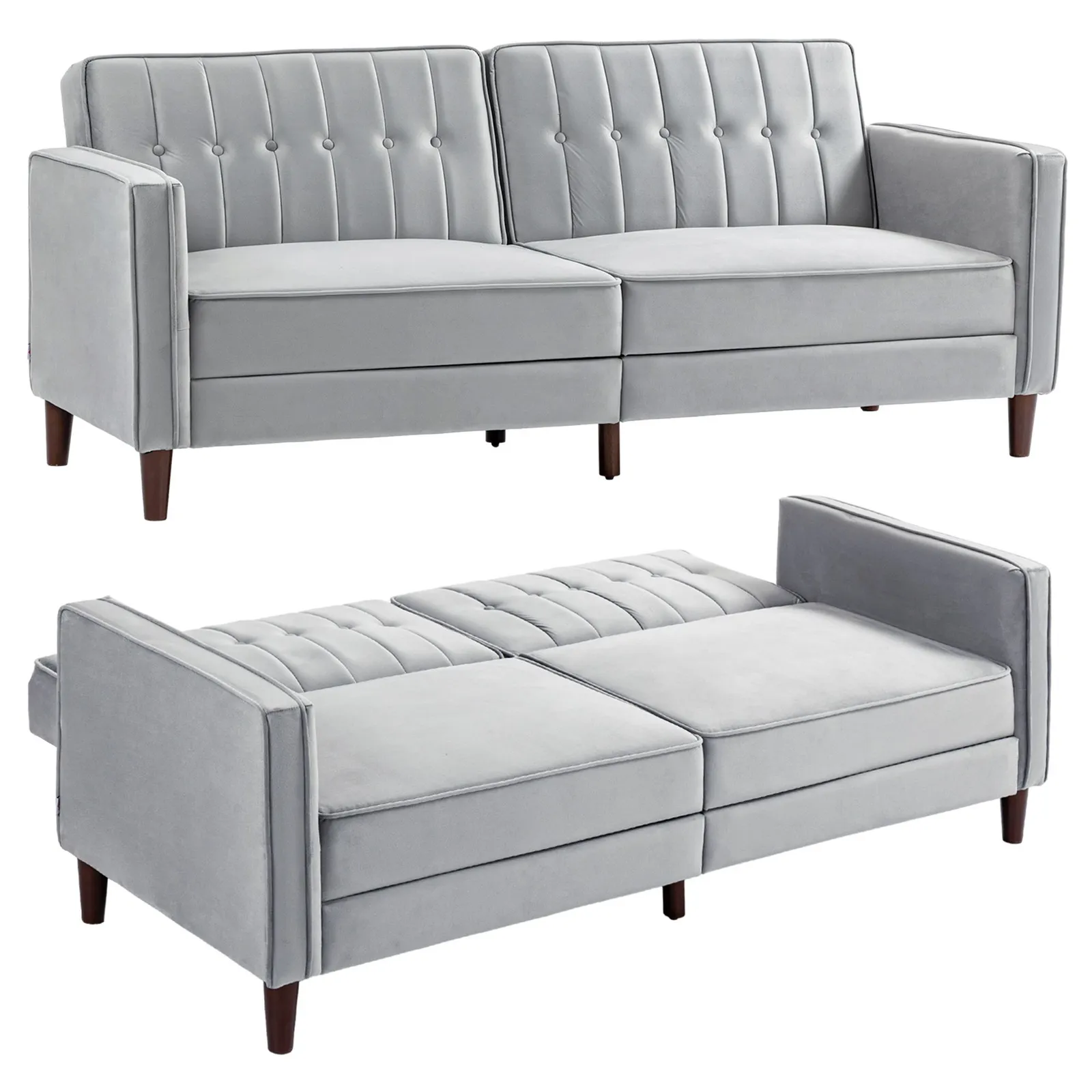 HOMCOM Convertible Sofa Futon Velvet-Touch Tufted Couch Sofa Bed Split Back in Light Grey 2