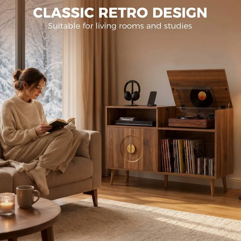 HOMCOM Record Player Stand Holds Up to 300 Albums with Cable Hole in Walnut 5