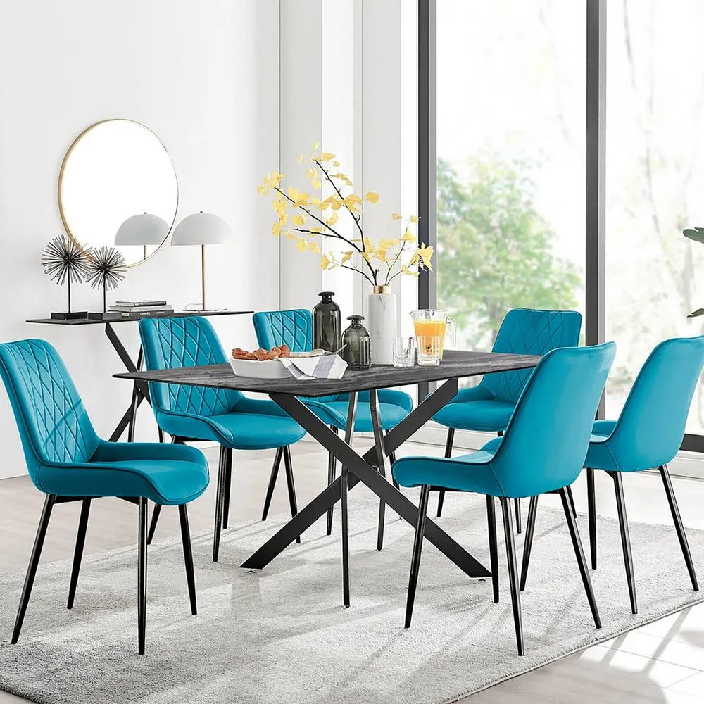 FurnitureboxUK Leonardo Black Leg Glass Dining Table & 6 Pesaro Chairs in Blue