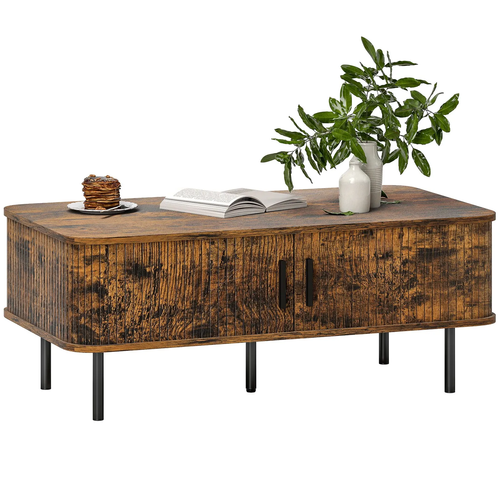 HOMCOM Coffee Table with Storage & Sliding Doors for Living Room in Brown 2