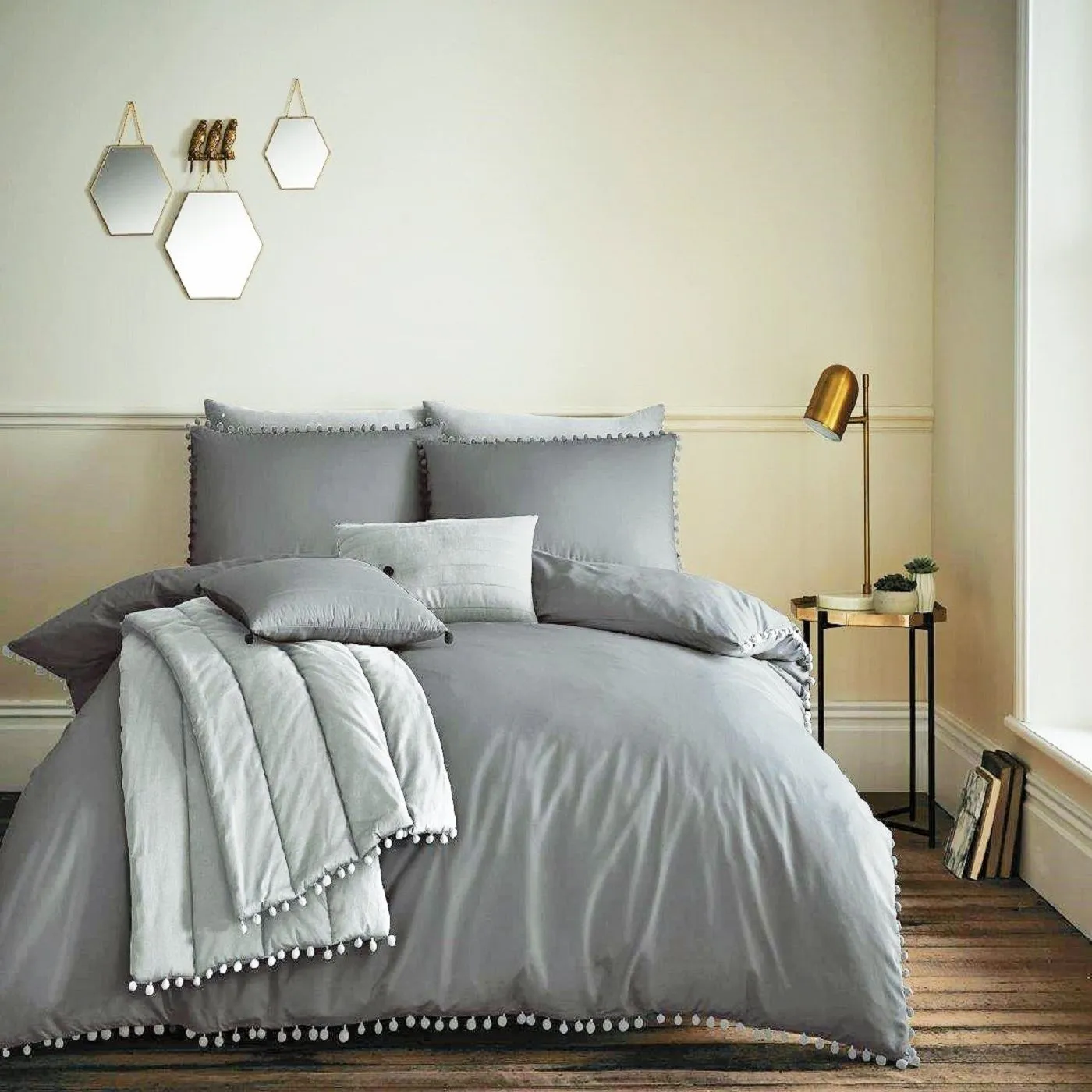 Smart Living Premium Polycotton Pom Pom Duvet Cover With Pillowcases in Charcoal