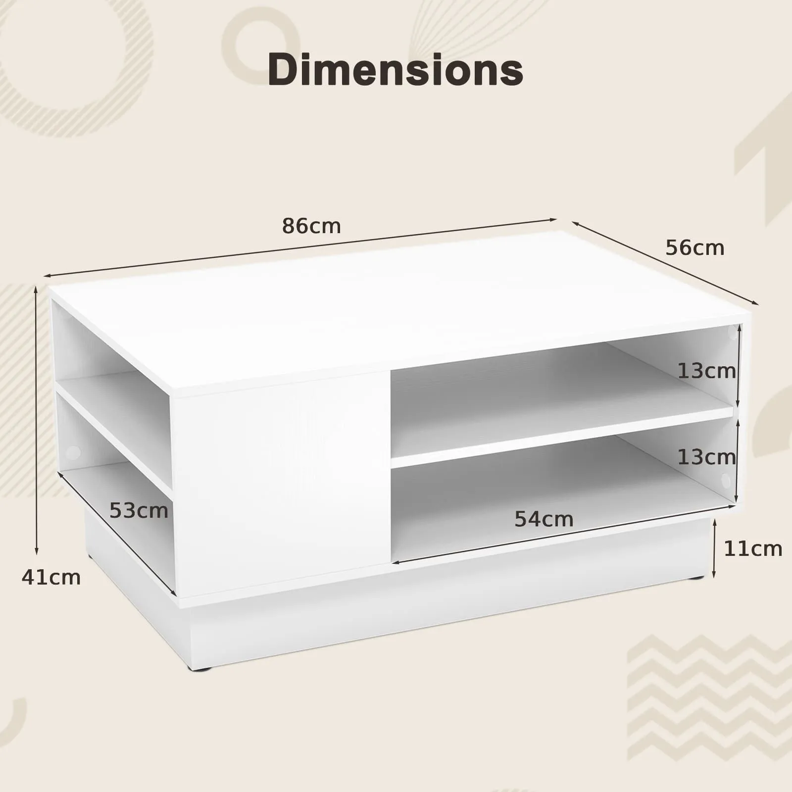 Costway Modern Coffee Table 86cm Long Rectangle Center Table w/ Storage Shelves in White 2