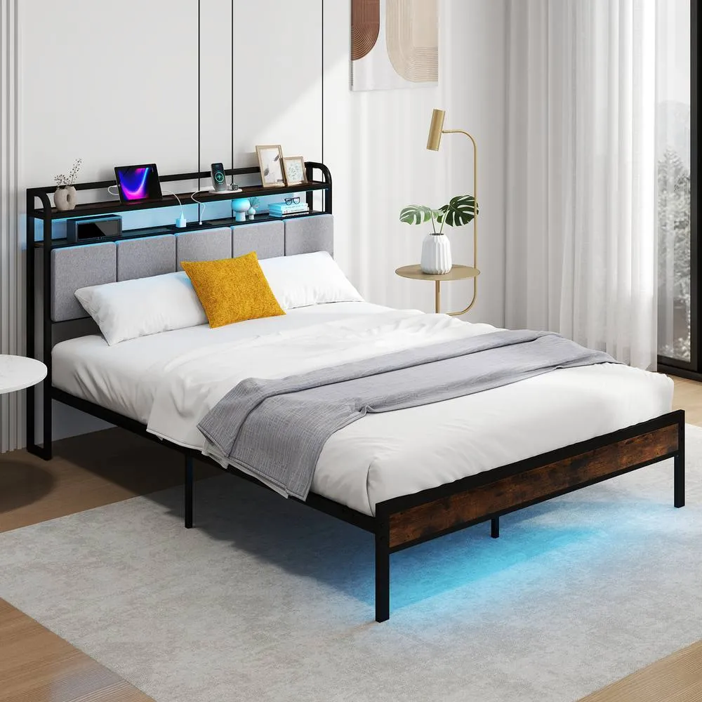 Costway King Size Bed Frame w/ LED Light & Charging Station-Brown in Brown 4