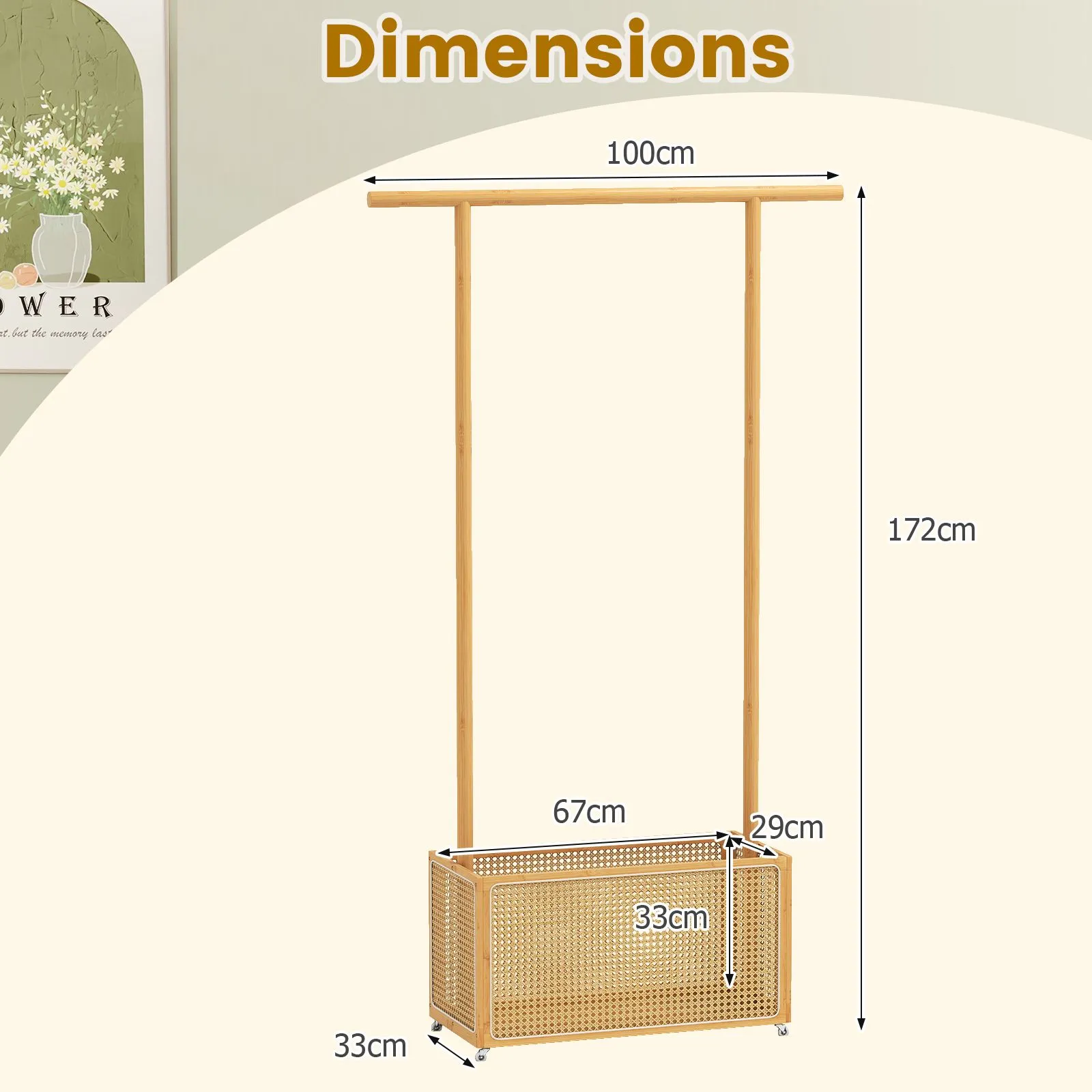 Costway Bamboo Clothes Rack Coat Hanger Stand with Rattan Storage Basket in Natural 2