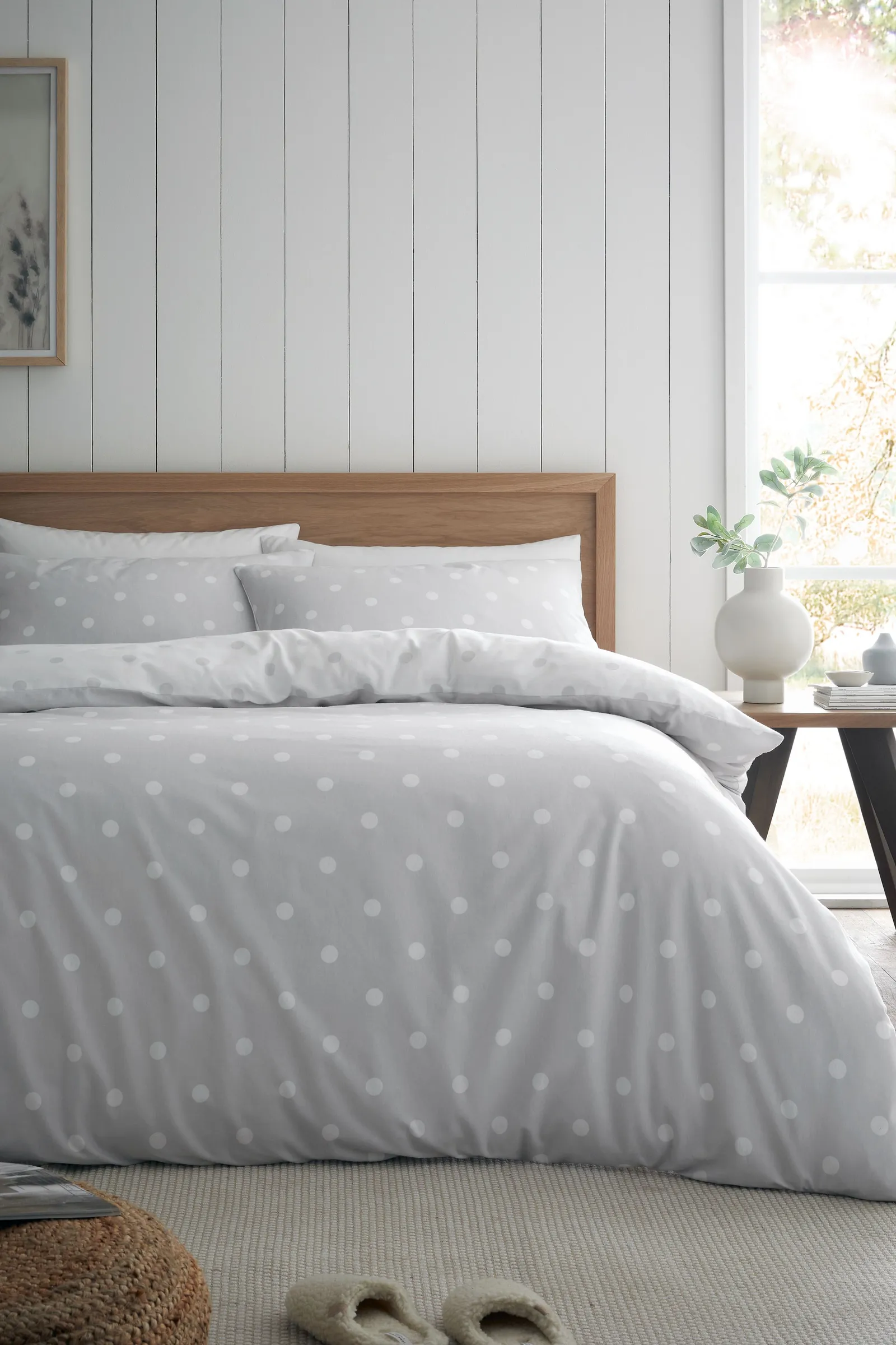 Catherine Lansfield 'Brushed Polka Dot' Cotton Reversible Duvet Cover Set in Grey