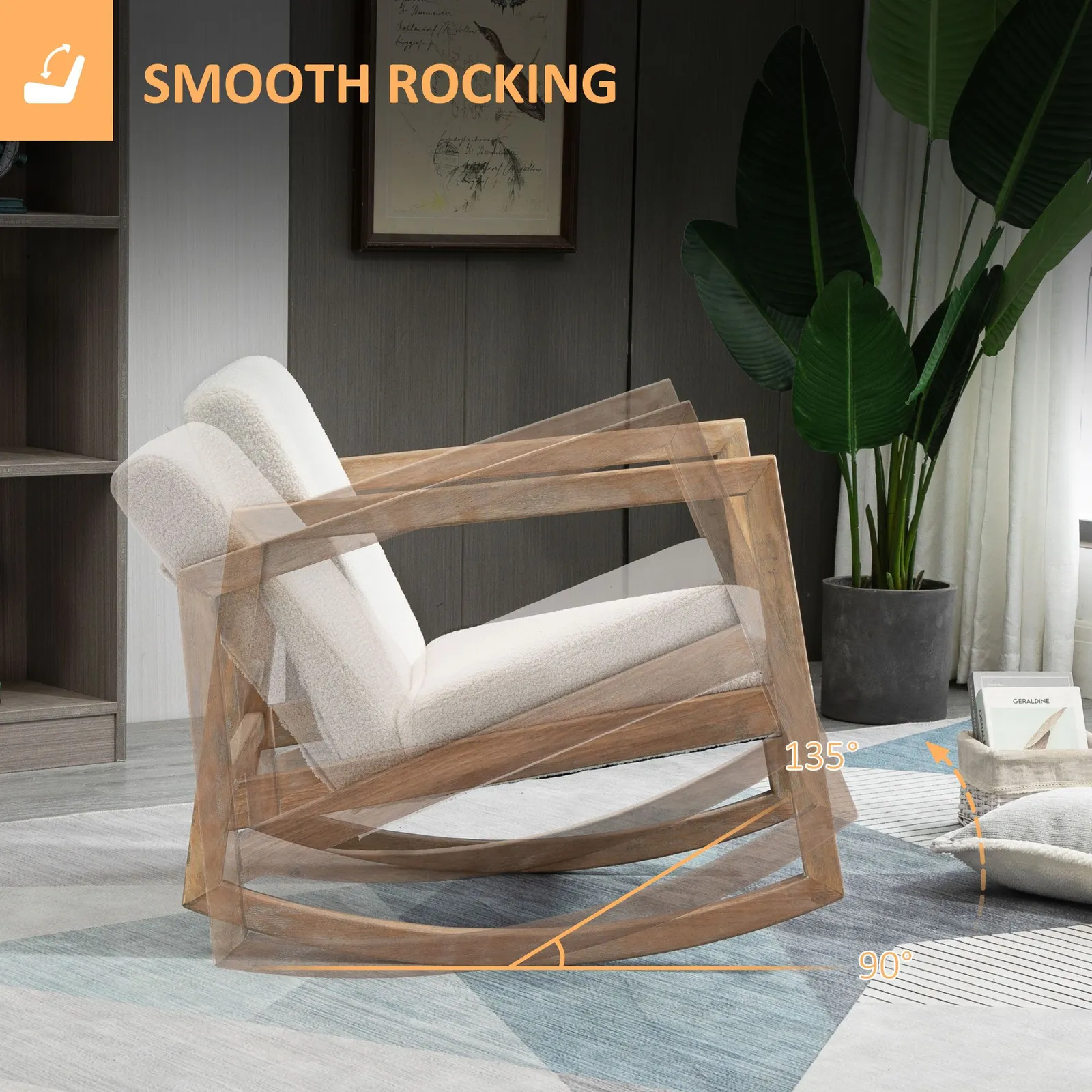 HOMCOM Rocking Chair Upholstered Armchair Wooden Accent Chair Cream 4