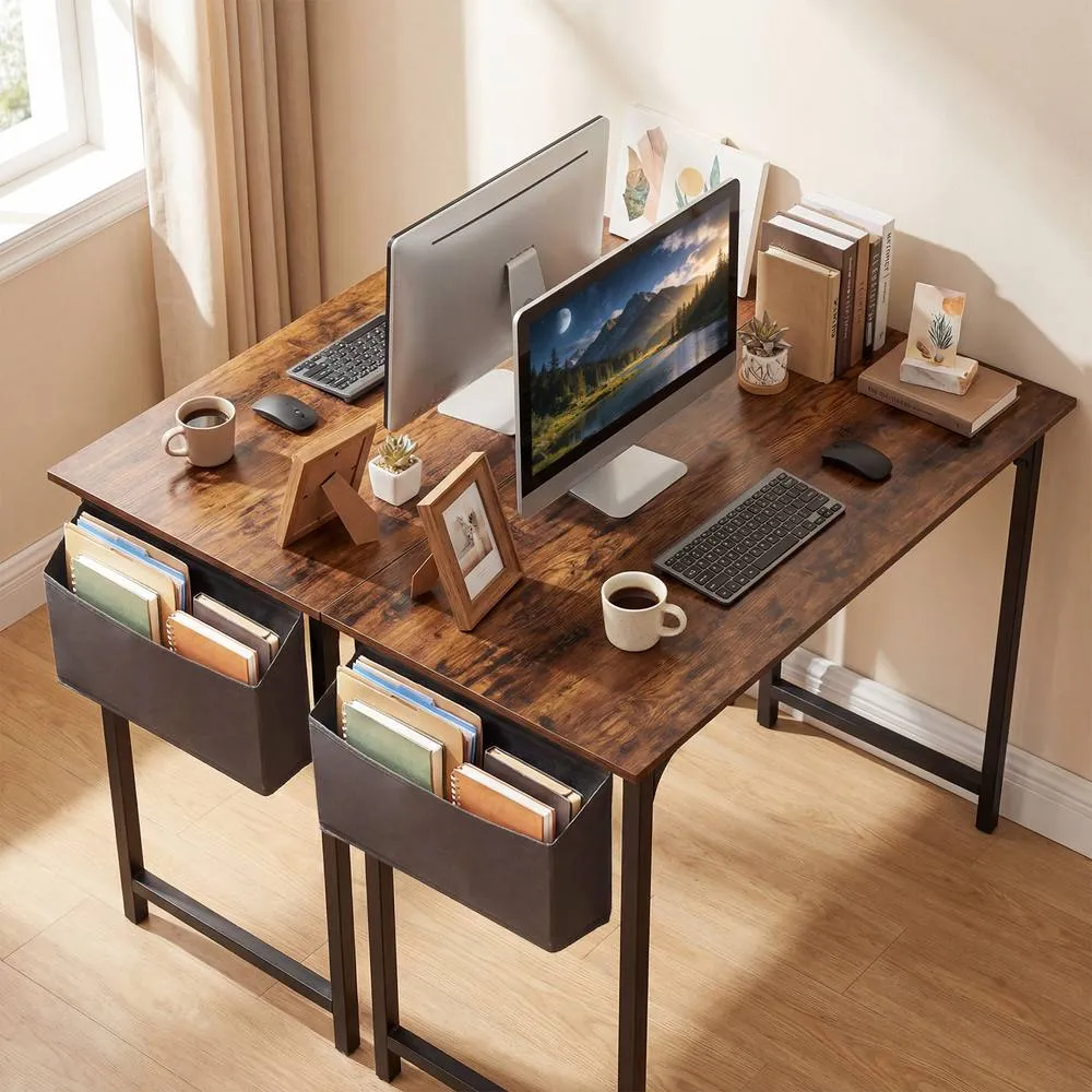 Costway 100CM Computer Desk Industrial Study Writing Desk with Storage Bag in Brown 2