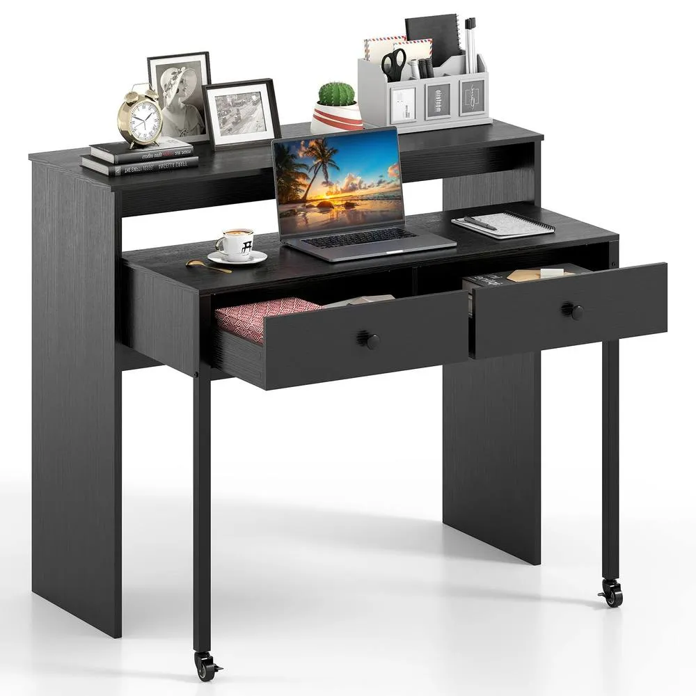 Costway Extendable Computer Desk Convertible Home Office Desk w/ Drawers in Black 4