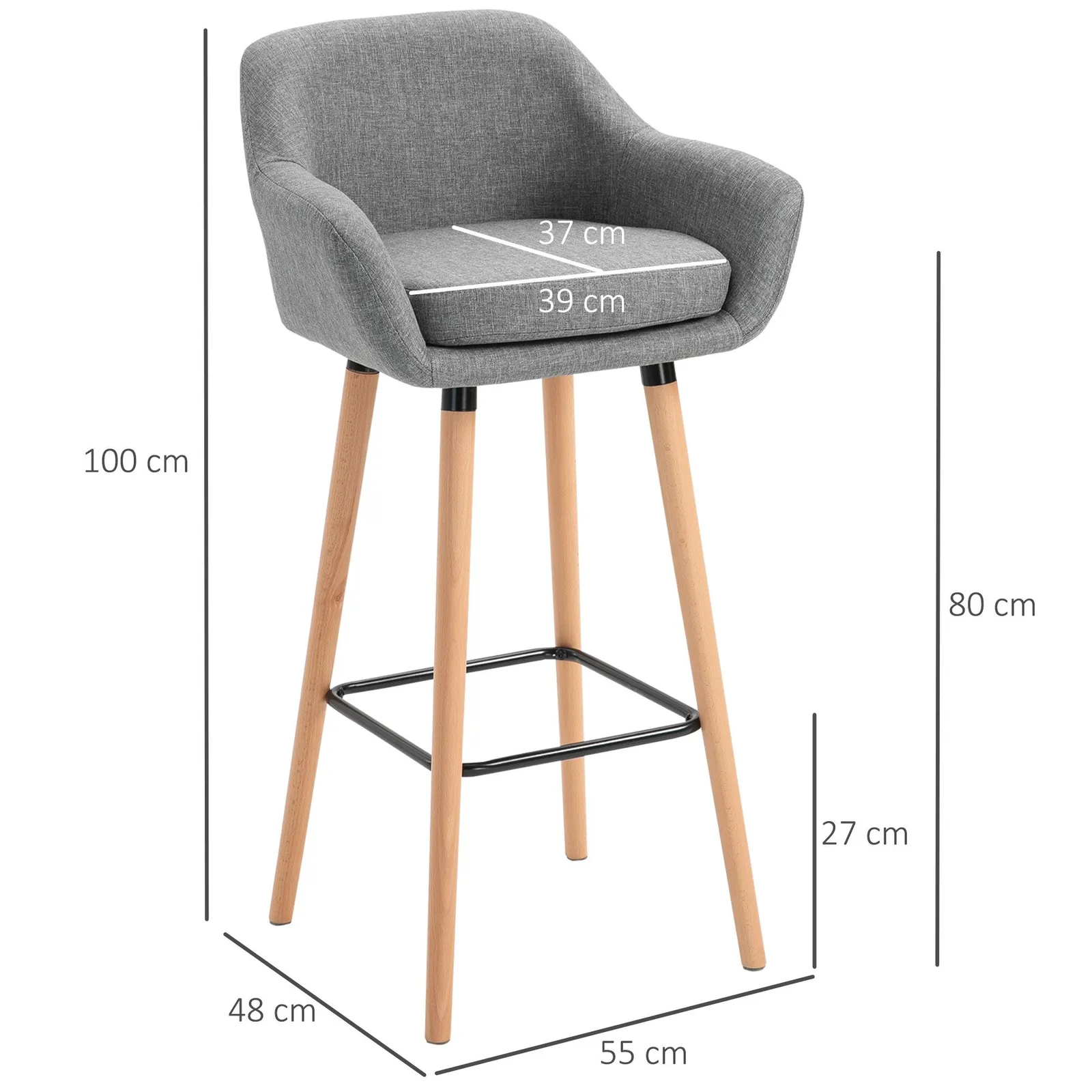 HOMCOM PCs Modern Upholstered Fabric Bucket Seat Bar Stools w/ Solid Wood Legs in Grey 3