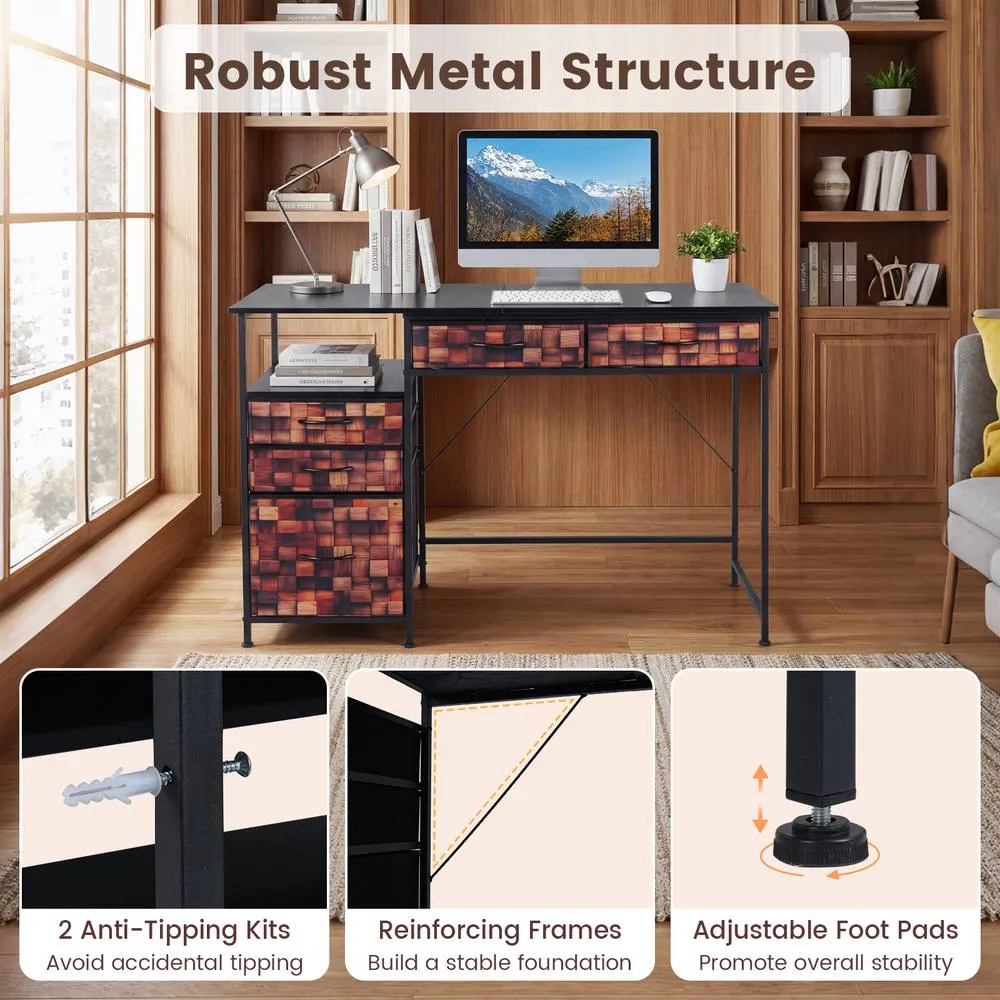 Costway 120 CM Computer Desk Home Office Desk w/Shelf & Drawers Study Desk in Brown 4