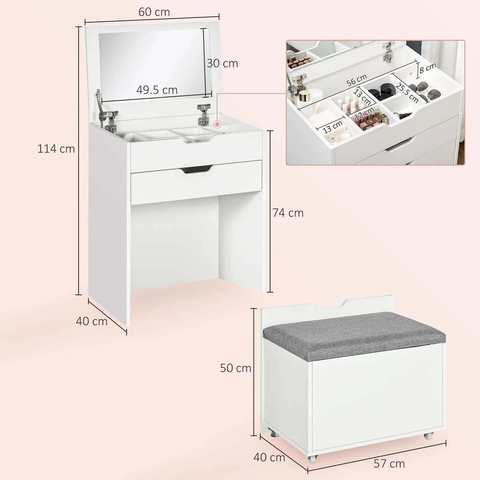HOMCOM Dressing Table Set Flip up Mirror Stool Drawer & Compartments in White 3