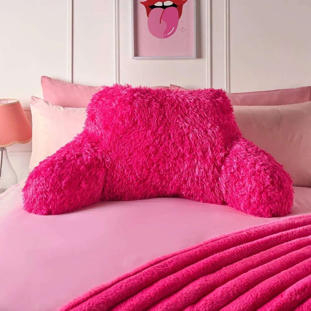 OHS Fluffy Fleece Reading Cushion Pillow with Arms Lumbar Chair Support in Bright Pink