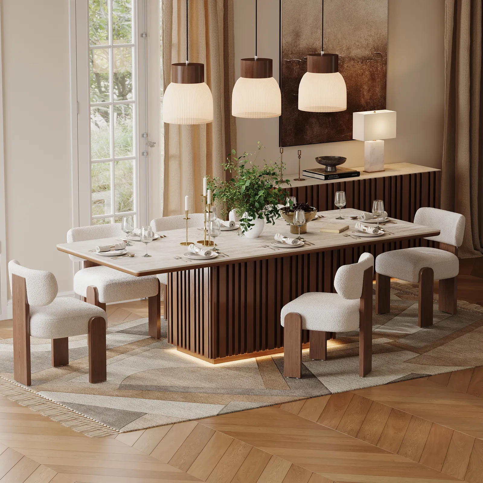 Dining Set 84" Rectangular Faux Travertine Sintered Stone Dining Table with 6 Chairs