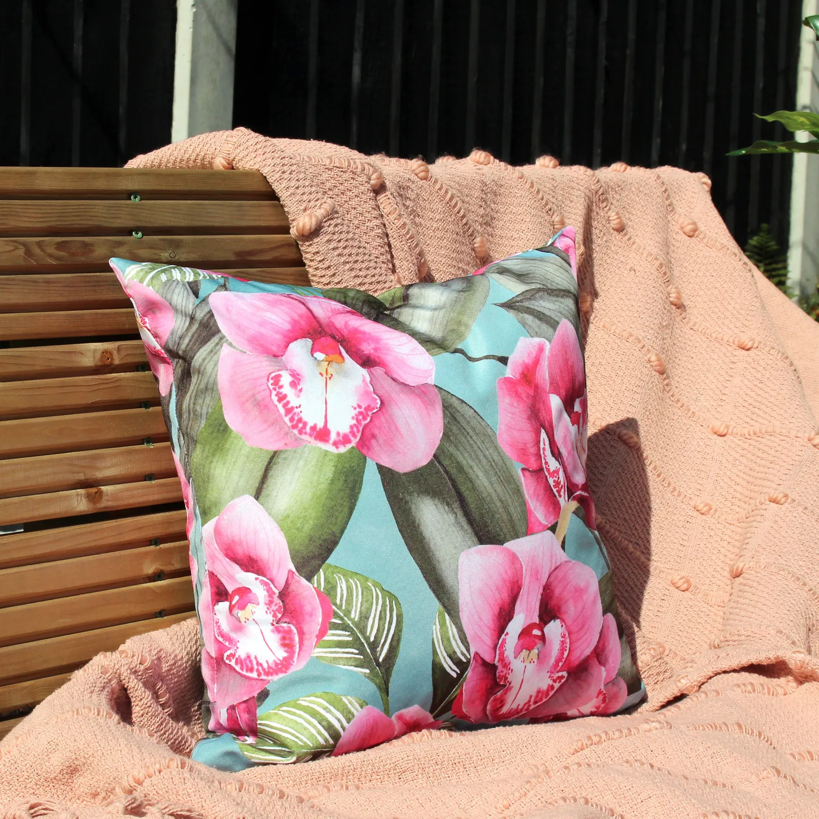 Evans Lichfield Orchids Floral Water & UV Resistant Outdoor Cushion in Duck Egg Blue