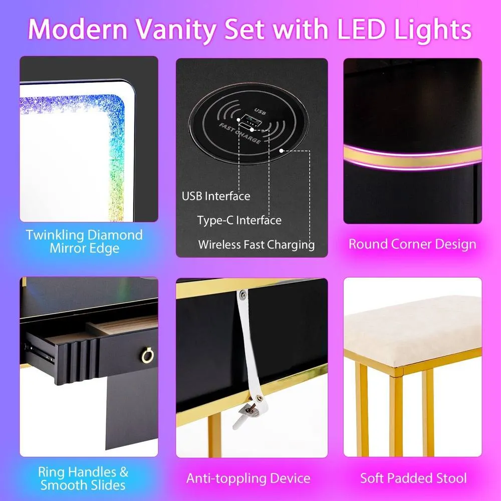 Costway Dressing Table & Stool Set w/Mirror RGB Lights & Charging Station in Black 6