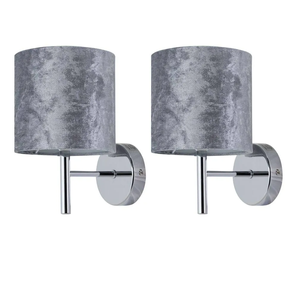 First Choice Lighting Set of 2 Brea - Chrome Wall Lights with Grey Crushed Velvet Shades in Silver