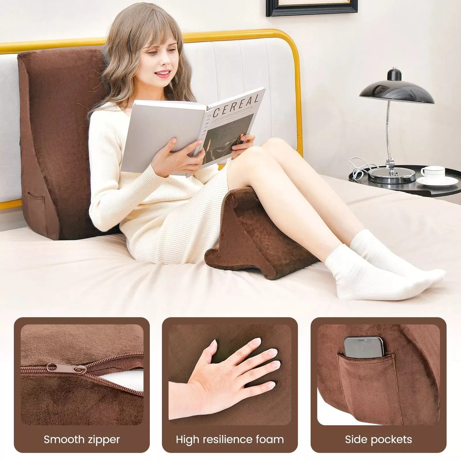 Costway 4 in 1 Bed Wedge Pillow Tablet Pillow Stand Side Pockets High Resilience Foam in Brown 6