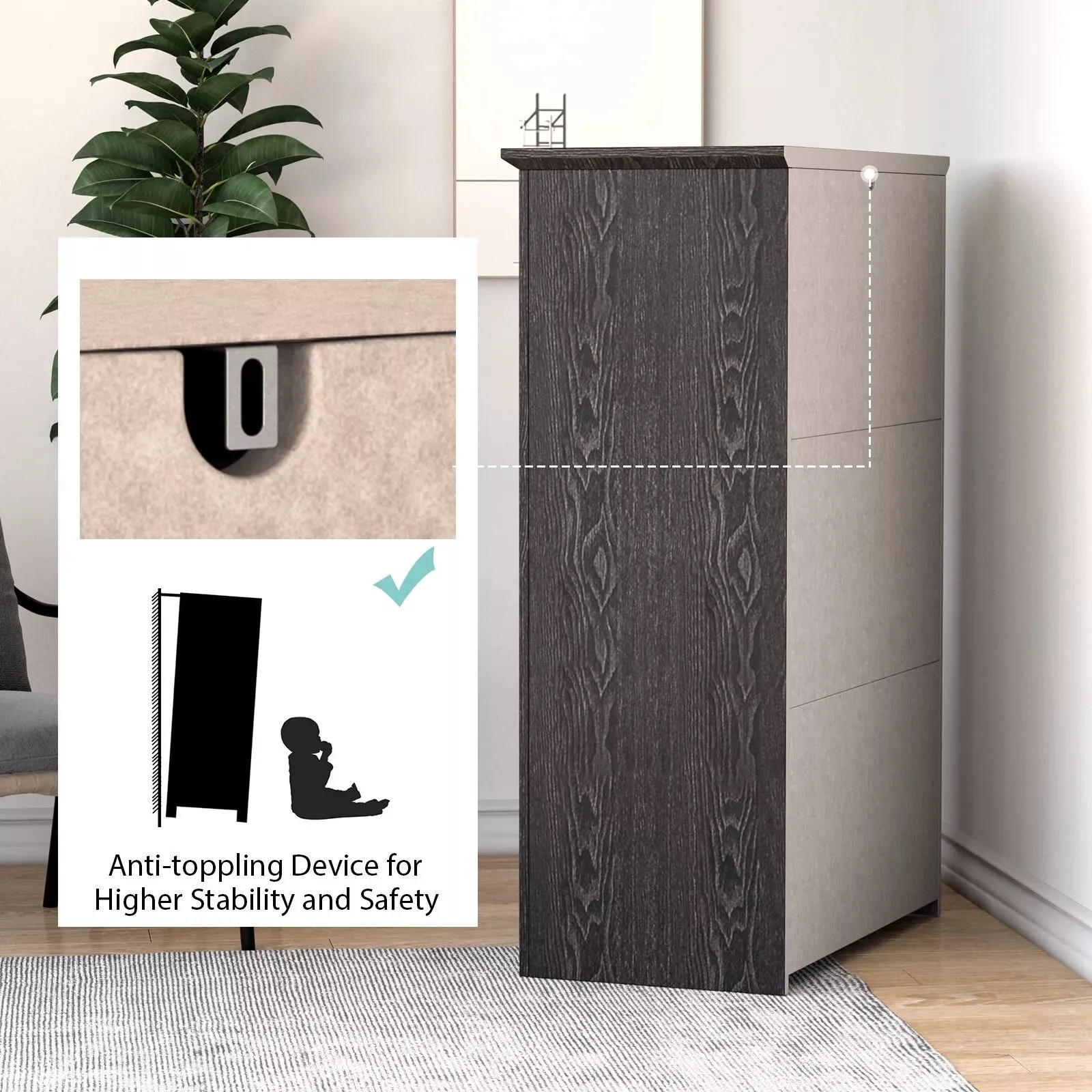 Costway 5 Drawer Dresser Vertical Chest of Drawers Wooden Storage Dresser Organizer in Grey 6