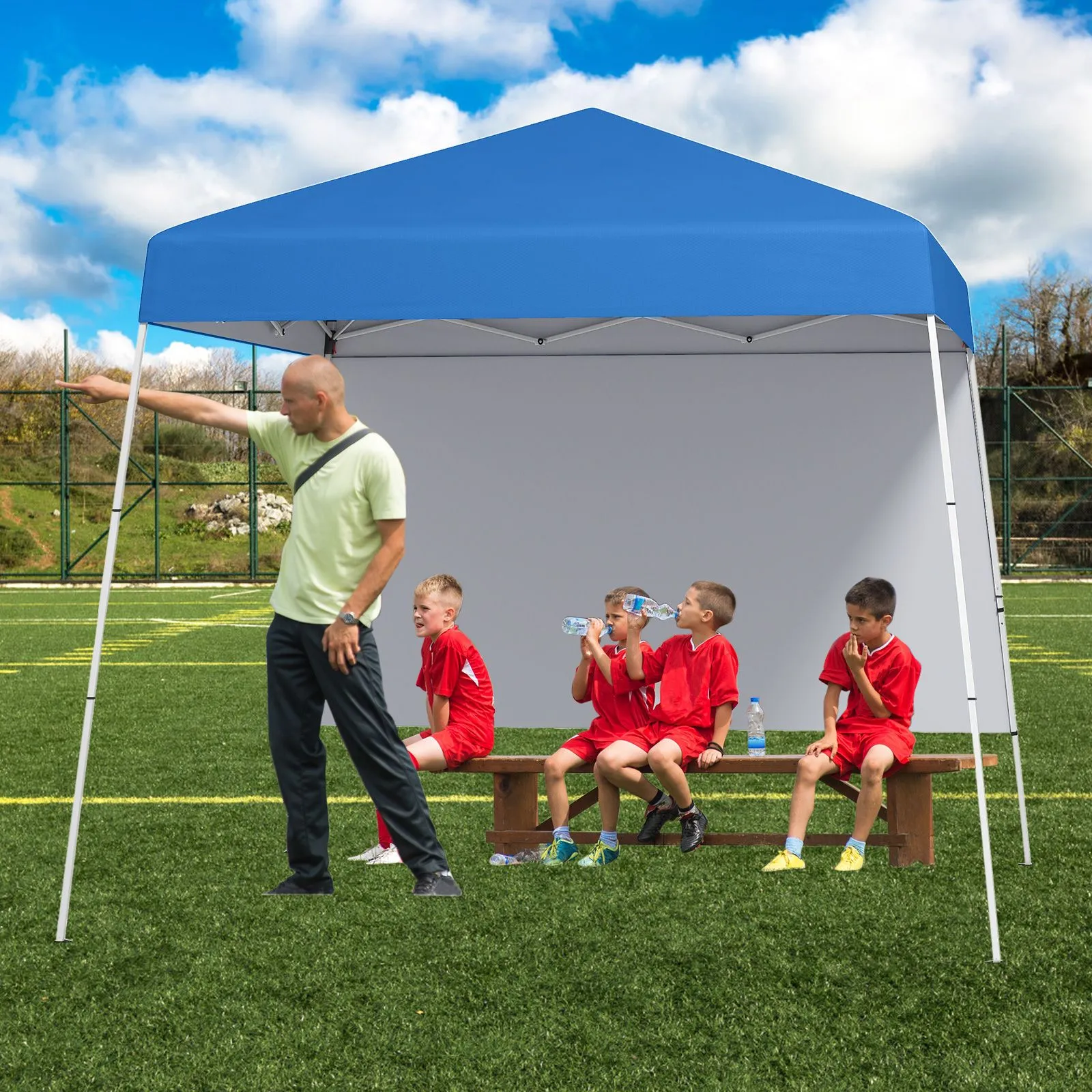 Costway 300 x 300 cm Pop up Canopy Tent Portable Backpack w/1 Sidewall in Blue 4
