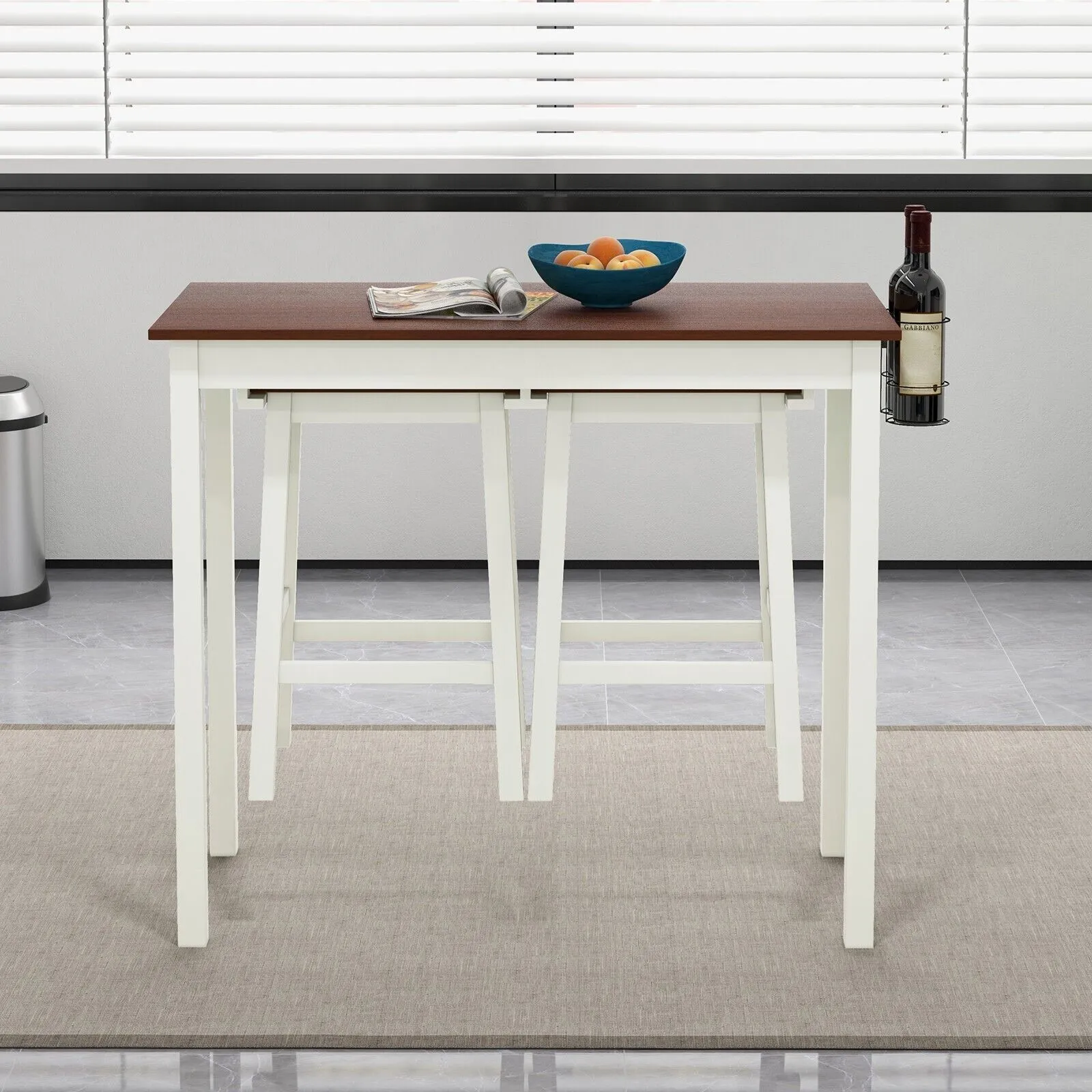 Costway 3Piece Bar Table Set Kitchen Counter Height Pub Table W/Bar Stools SpaceSaving in White 5