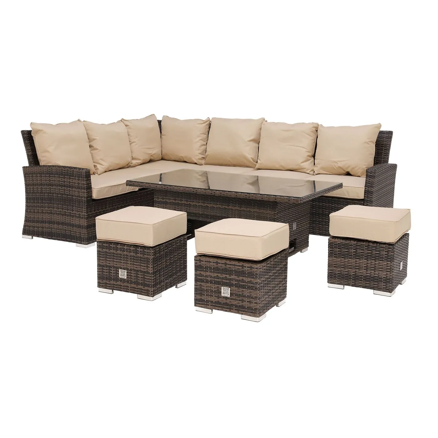 Kersey Corner Garden Dining Set With Rising Table in Brown Weave and Beige Fabric