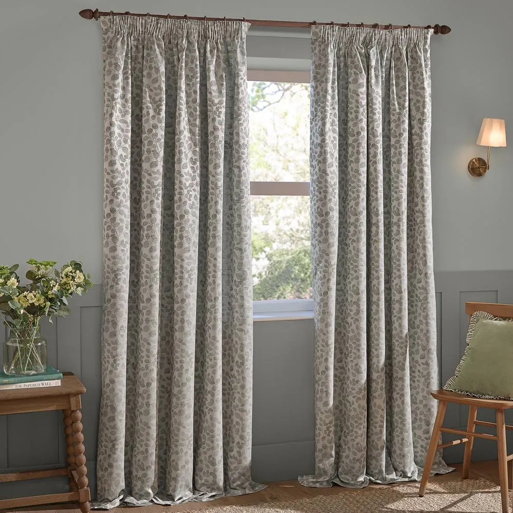 Wylder Grace Leaf Jacquard Fully Lined Pencil Pleat Curtain Pair in Grey 2