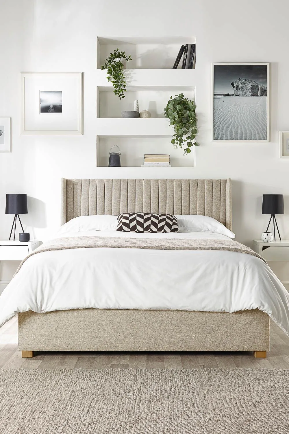 Catherine Lansfield Soho Ottoman Storage Wing Bed in Saxon Twill Fabric, Custom Made in Natural 1