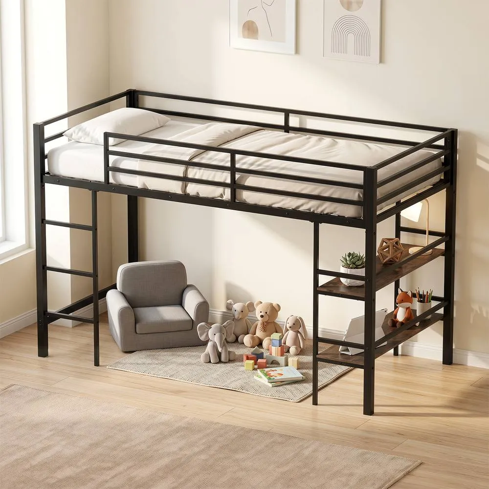 Costway Single Size Metal Loft Bed w/Storage Shelves No Box Spring Needed in Brown 3